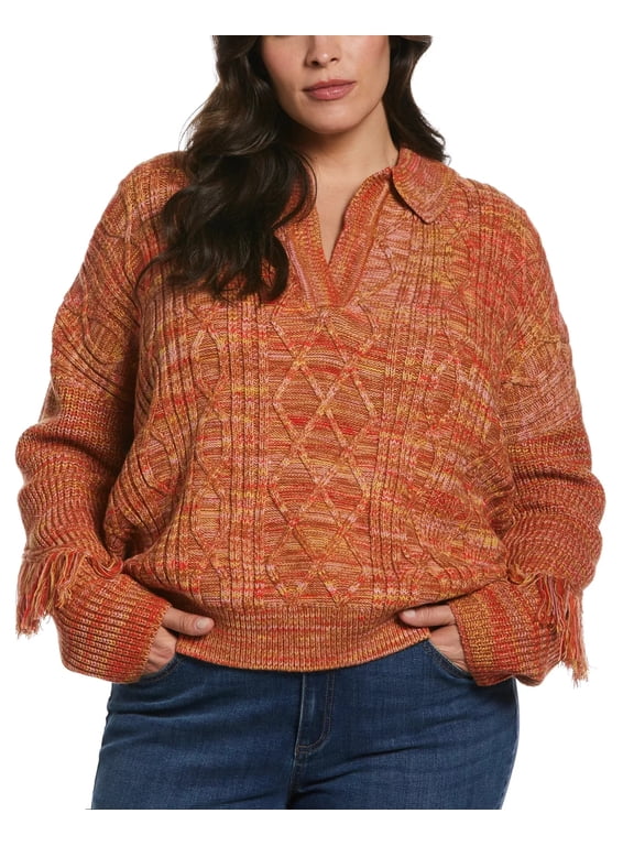 Plus Size Fringe Trim Polo Sweater Women's 3X Orange Rust L/S