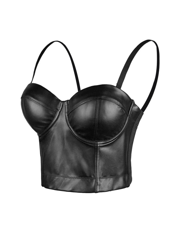 PU Leather Bustier Crop Top Gothic Punk Push Up Women's Corset Top Bra Black Small