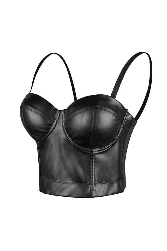 PU Leather Bustier Crop Top Gothic Punk Push Up Women's Corset Top Bra Black Small