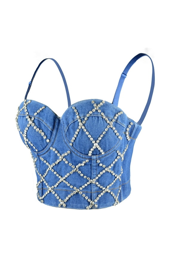 Women Criss Cross Rhinestone Denim Bustier Crop Top Corset Bra Blue X-Small