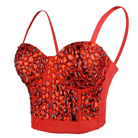 ELLACCI Women's Sexy Rhinestone Punk Bustier Crop Top Push Up Corset Bra Red Medium
