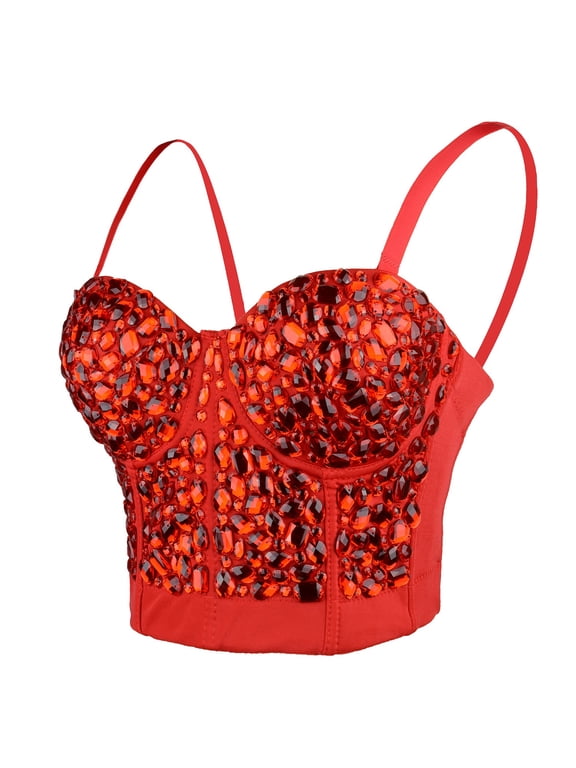 Women's Sexy Rhinestone Punk Bustier Crop Top Push Up Corset Bra Red Small
