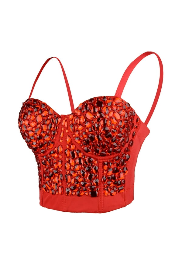 Women's Sexy Rhinestone Punk Bustier Crop Top Push Up Corset Bra Red X-Small