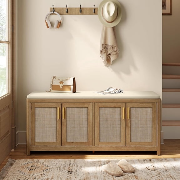 ELLAN Collection - Boho Shoe Bench with Cushion, Entryway Storage Bench with 4 Rattan-Look Cabinet Doors, Rounded Corners, Adjustable Shelf, for Bedroom Under Window, Natural Brown ULSB502KC01