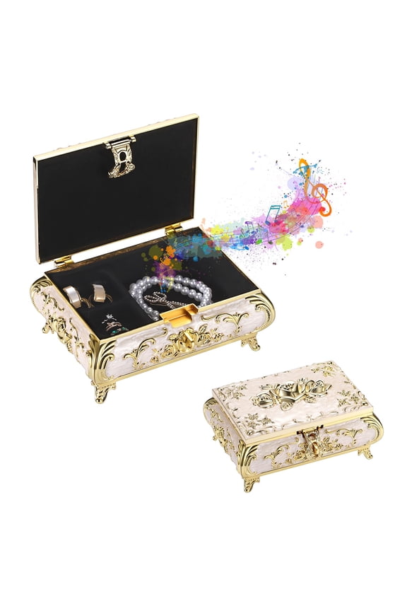 Vintage Music Box, Beige Metal Musical Jewelry Box Keepsake Box, Small Trinket Jewelry Storage Box Gift for Girl Women (Tune: You are My Sunshine), Large Y101