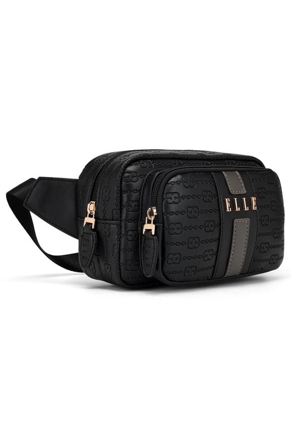 Eleganza Women's 1.6L Fanny Pack, Vegan Leather Monogram Sling, Black, 1-Piece