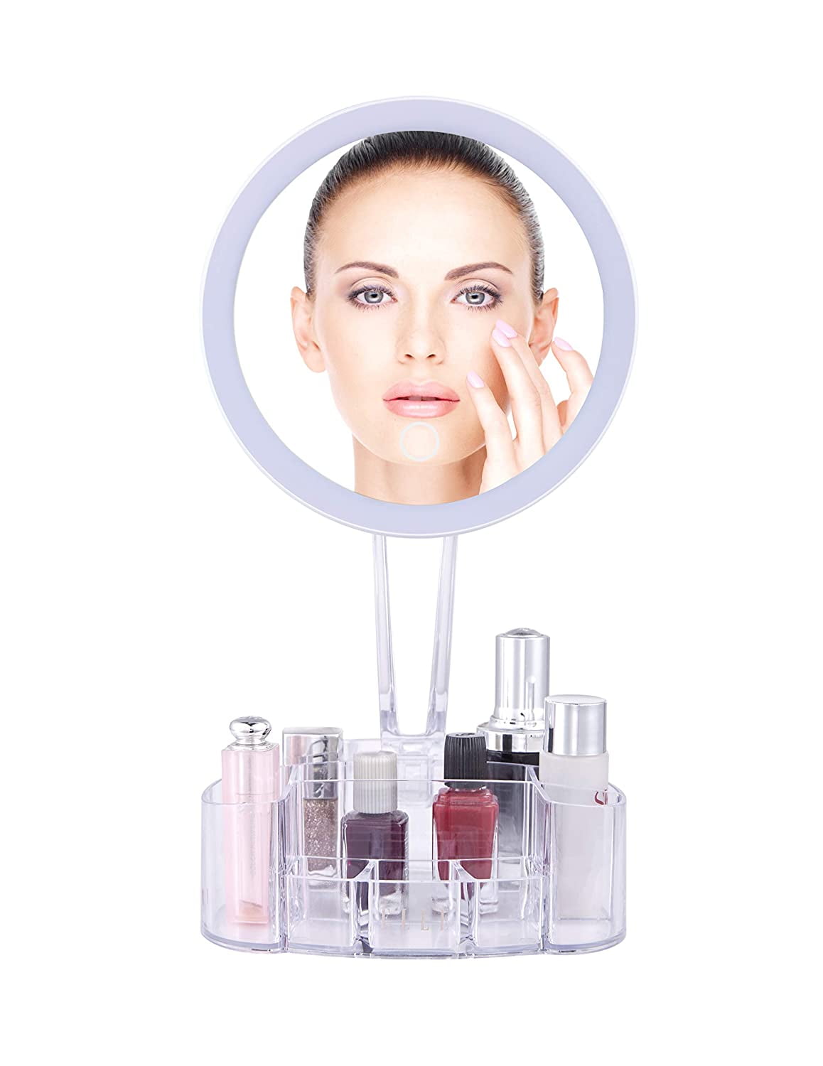 ELLE Premiere Round Lighted Makeup Mirror with Makeup Organizer Storage