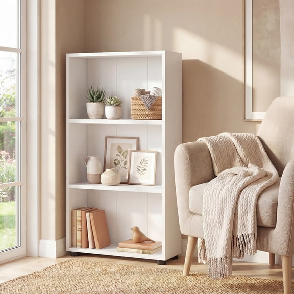 ELLEGNT 1 PCS 3-Tier Bookcase – 42" Bookshelf with Anti-Tipping Kit for Home Office, Living Room, or Study White