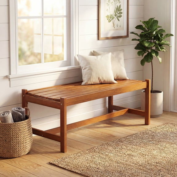 ELLEGNT 1 PCS 44" Outdoor Wood Bench – Solid Hardwood, Teak Oil Finish, Curved Slatted Seat, Farmhouse for Patio,Garden