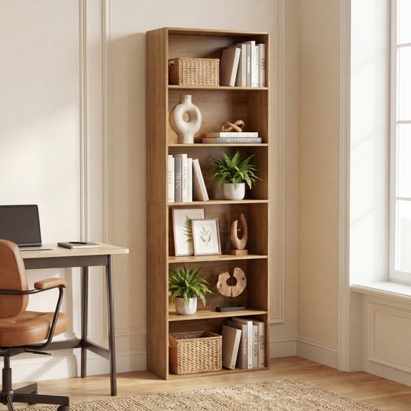 ELLEGNT 1 PCS 6-Tier Open Shelves Bookshelf with Anti-Tipping Kits -  Storage Rack for Living Room, Bedroom, Study, Natural