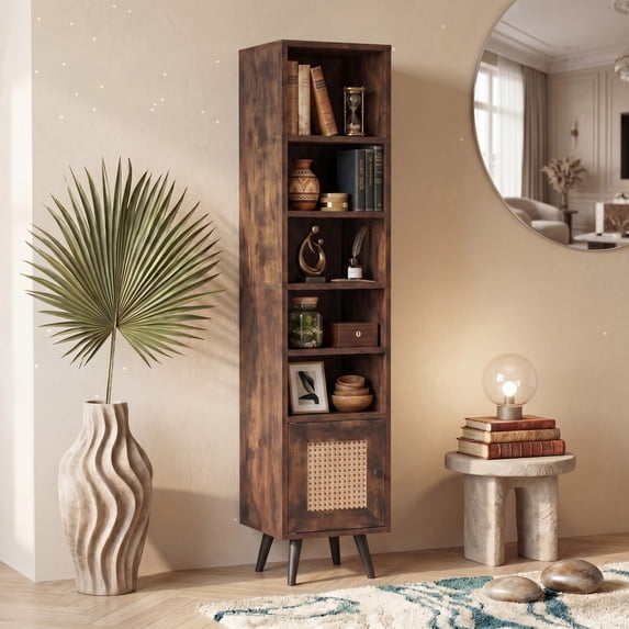 ELLEGNT 1 PCS 6‑Tier Storage Cabinet - 54 Inch Tall Narrow Bookcase with Adjustable Shelf, Rustic Brown