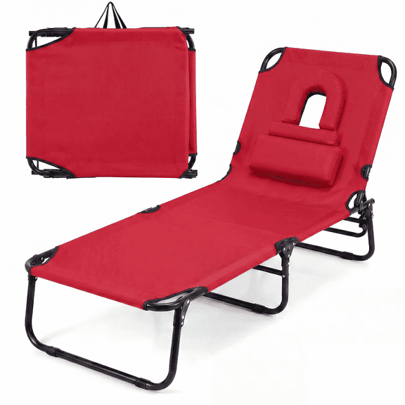 ELLEGNT 1 PCS Beach Lounger with 4‑Position Reclining Backrest, Removable Pillows and Face Hole - Folding Design, Red