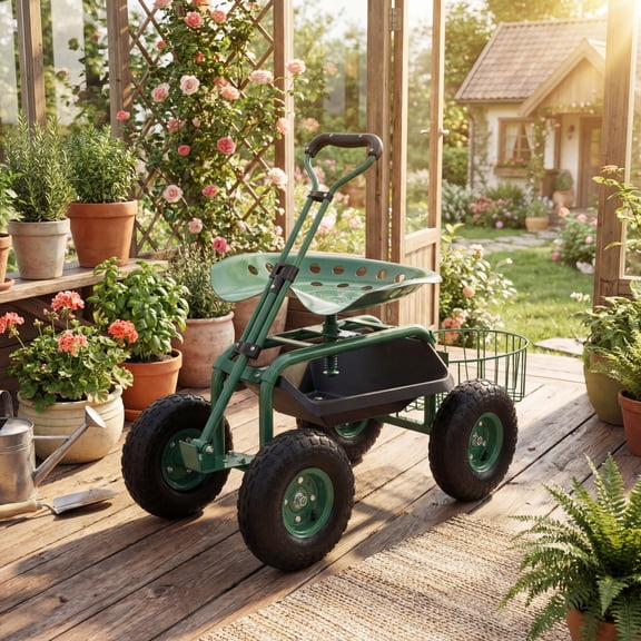 ELLEGNT 1 PCS Extendable Handle Garden Cart – Rolling Work Seat with Tray & Basket, Green