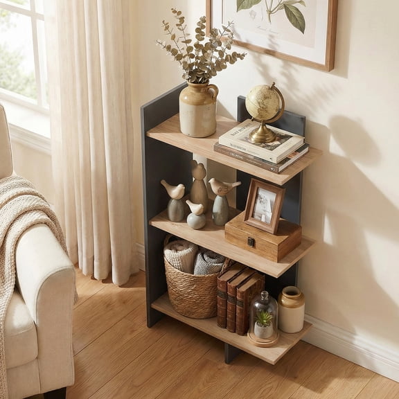 ELLEGNT 1 PCS Freestanding Bookshelf 3-Tier Open Storage Shelf with Wall Anti-Tip Device Oak+Gray