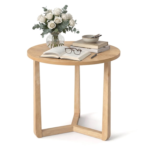 ELLEGNT 1 PCS Rubber Wood Round Side Table – Triangular Support End Table for Bedroom, Living Room, or Small Space Natural
