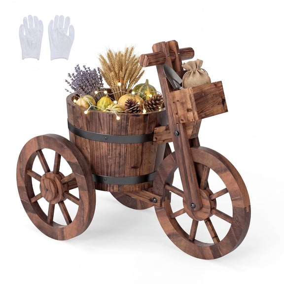 ELLEGNT 1 PCS Rustic Tricycle Planter Barrel Pot with Storage Box - Wooden Garden Decor for Patio, Balcony, Outdoor Display