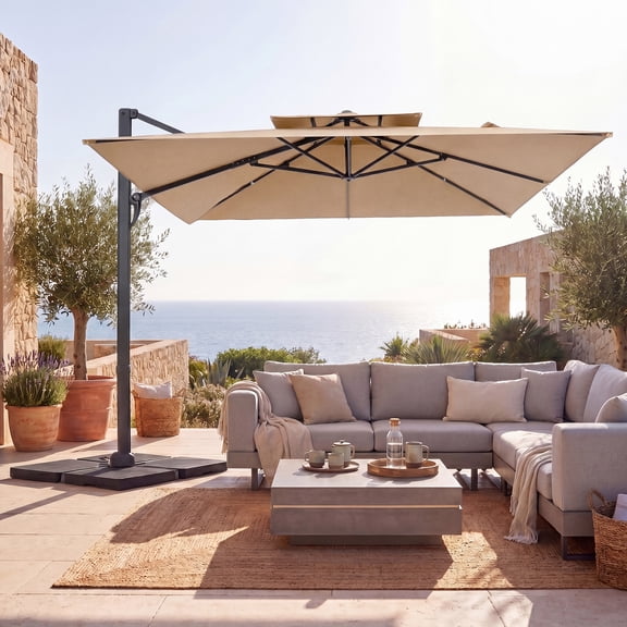 ELLEGNT 10 FT Patio Cantilever Umbrella – Square Offset Hanging, 360° Swivel, Sturdy Ribs, Air Vent, Cross Base, Heavy‑Duty Outdoor Shade, Tan