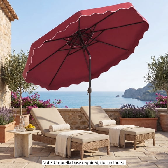 ELLEGNT 10 FT Patio Umbrella with Ruffle, Market Table Umbrella with Push Button Tilt, Crank, 2-Tier Vented Top, 8 Metal Ribs, Scalloped Outdoor Sunshade for Deck Pool Garden, Red