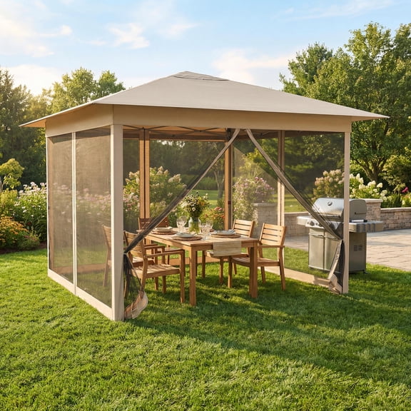 ELLEGNT 11.5x11.5 FT Pop-up Canopy with Mesh Screens - Instant Shelter with Air Vent, 4 Doors, and Carry Bag, Beige