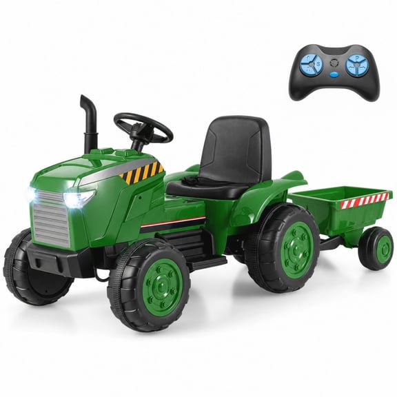 ELLEGNT 12V 2 in 1 Kids Electric Ride On Tractor with Trailer, Remote, Ages 3-8, Grayish Green