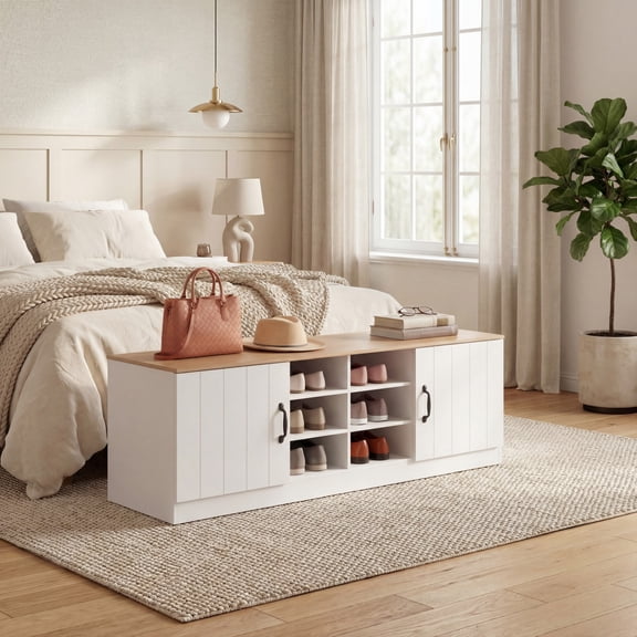 ELLEGNT 2-Door Shoe Bench - Adjustable Shelves, 6 Storage Compartments, Hidden Shoe Storage for Entryway,Natural+White