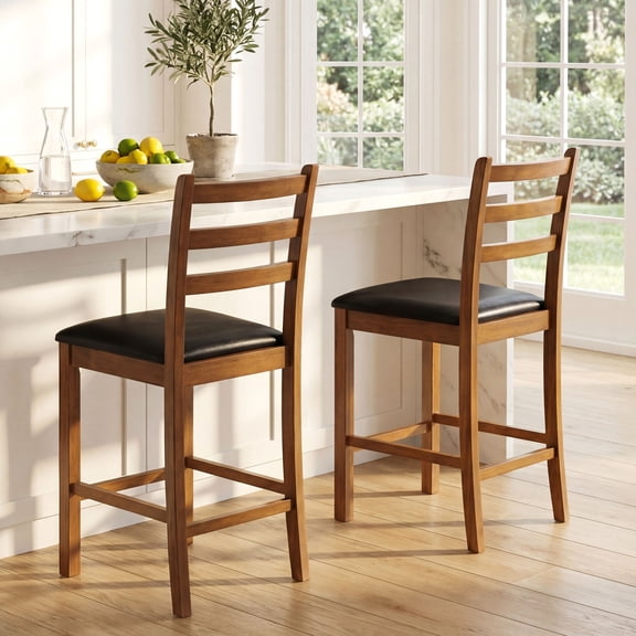ELLEGNT 2 PCS 24" Rubber Wood Ladder Back Bar StoolsUphols，tered Seat，Walnut   Black