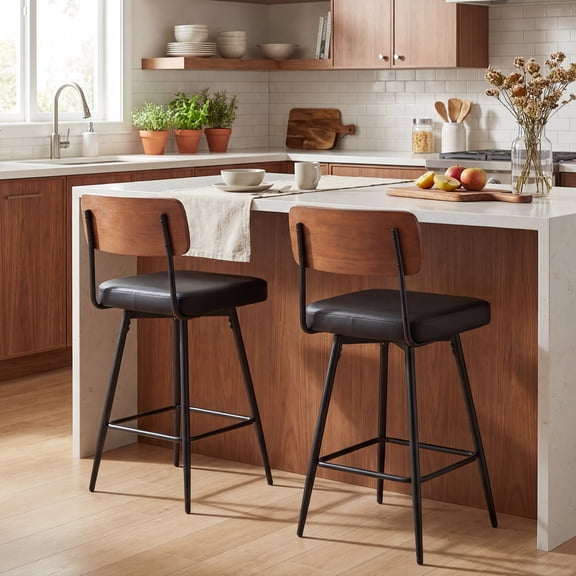 ELLEGNT 2 PCS 27" Padded Counter Barstools Set with Wooden Backrest and Metal Legs Black