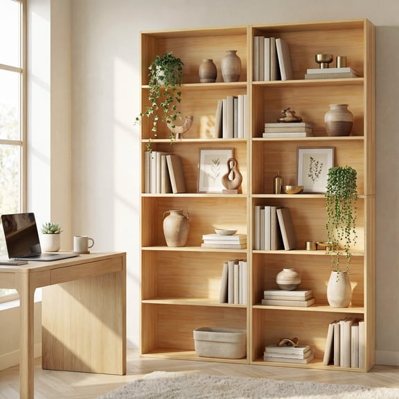 ELLEGNT 2 PCS 6-Tier Open Shelves Bookshelf with Anti-Tipping Kits - Storage Rack for Living Room, Bedroom, Study, Beige
