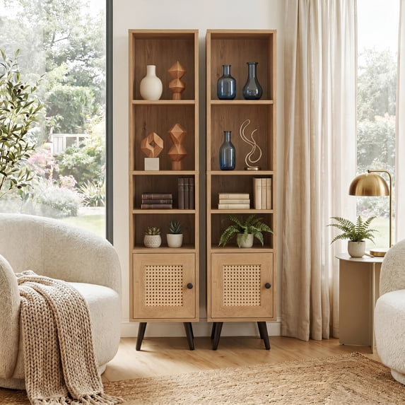 ELLEGNT 2 PCS 6‑Tier Storage Cabinet - 54 Inch Tall Narrow Bookcase with Adjustable Shelf, Natural