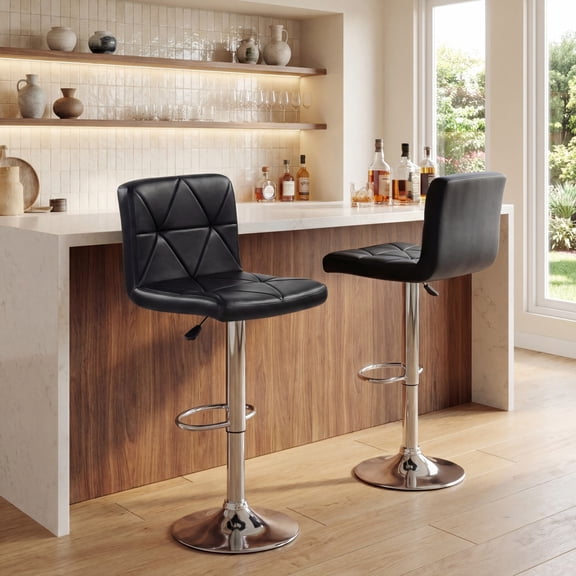 ELLEGNT 2 PCS Adjustable Swivel Bar Stools - Faux Leather, Back & Footrest for Kitchen and Home Bar, Black