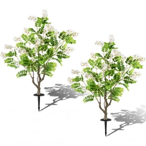 ELLEGNT 2 PCS Artificial Sophora Japonica Trees with Ground Spikes - Locust Blossoms for Home, or Outdoor Display White + Green