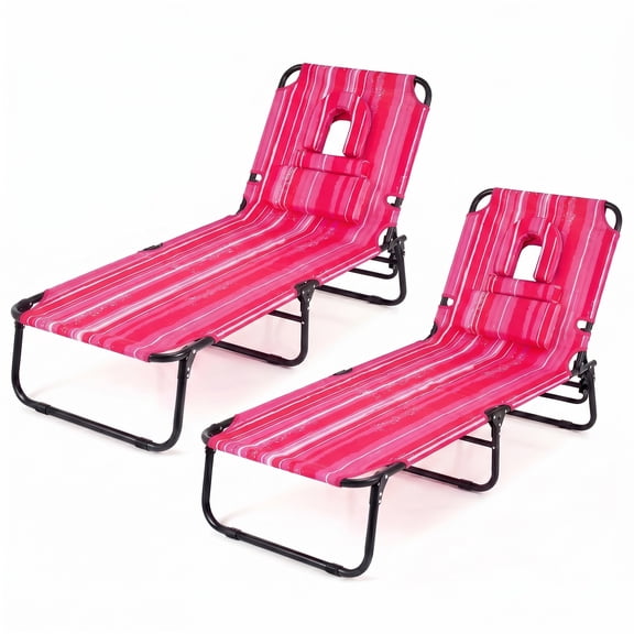 ELLEGNT 2 PCS Beach Lounger with 4‑Position Reclining Backrest, Removable Pillows and Face Hole - Folding Design, Pink Stripe