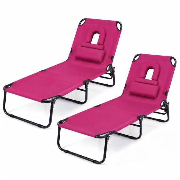 ELLEGNT 2 PCS Beach Lounger with 4‑Position Reclining Backrest, Removable Pillows and Face Hole - Folding Design, Pink