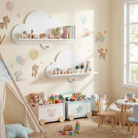 ELLEGNT 2 PCS Cloud Floating Shelves - Cute Corner Bookshelves with Compartments for Nursery White