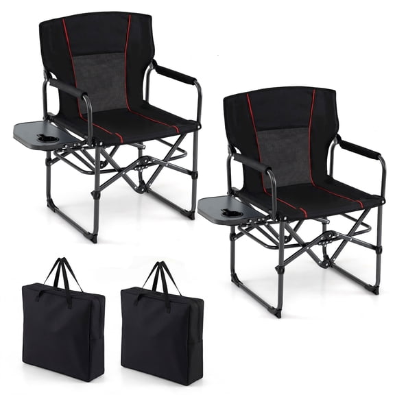 ELLEGNT 2 PCS Folding Camp Chair with Side Table & Cup Holder – Portable Outdoor Seat with Carry Bag, Black