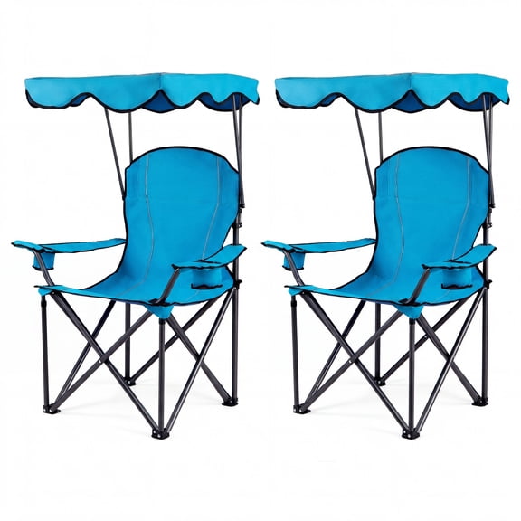 ELLEGNT 2 PCS Folding Camping Chair - Ergonomic Armrest with Canopy, Cup Holder & Solid Steel Frame, Navy