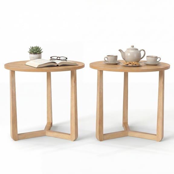 ELLEGNT 2 PCS Rubber Wood Round Side Table – Triangular Support End Table for Bedroom, Living Room, or Small Space Natural