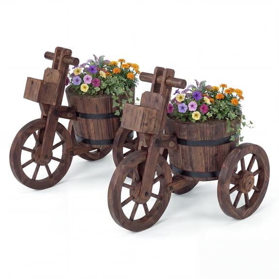 ELLEGNT 2 PCS Rustic Tricycle Planter Barrel Pot with Storage Box – Wooden Garden Decor for Patio, Balcony, Outdoor Display