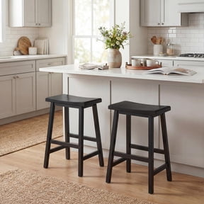 ELLEGNT 2 PCS Solid Wood Saddle Bar Stools - Backless with Footrests, Wooden Counter Stools Black