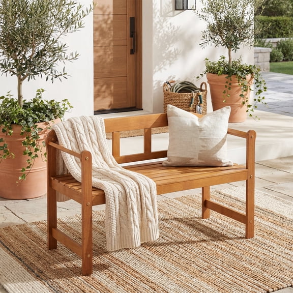 ELLEGNT 2-Person Outdoor Bench, Acacia Wood Patio Garden Loveseat Chair with Armrests and Backrest, Front Porch Backyard and Park Bench Seating, 800 lbs Weight Capacity