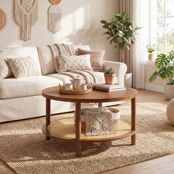 ELLEGNT 2Tier Rattan Coffee Table - Solid Rubber Wood Legs Wood Veneered Top, Walnut