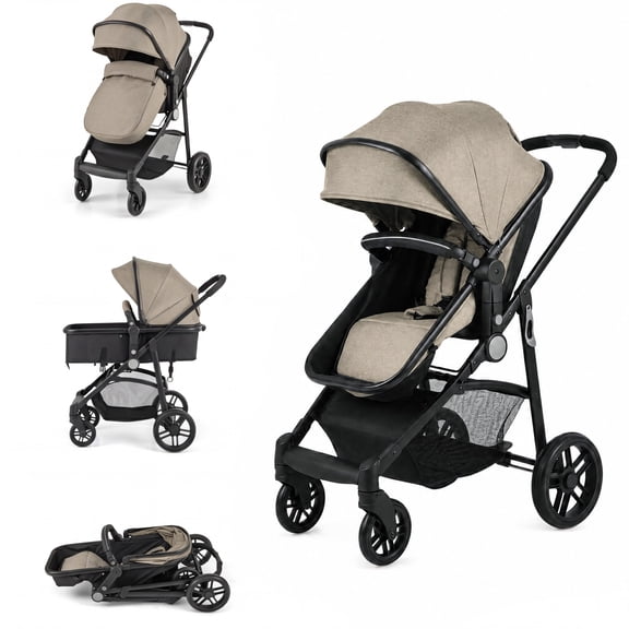 ELLEGNT 2 in 1 Baby Stroller Foldable High Landscape Reversible Pram with Canopy, Coffee