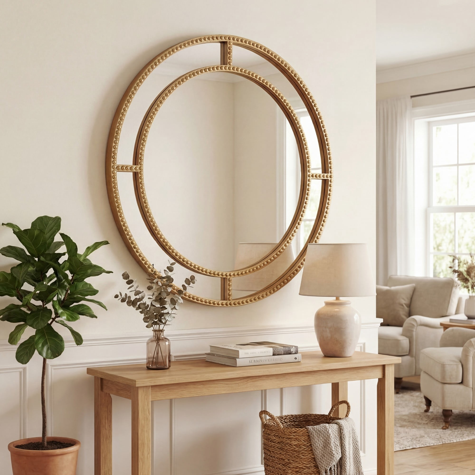ELLEGNT 28'' Gold Round Wall Mirror with Beaded Frame - Ornate Decorative Mirror for Living Room, Entryway, or Fireplace Mantel