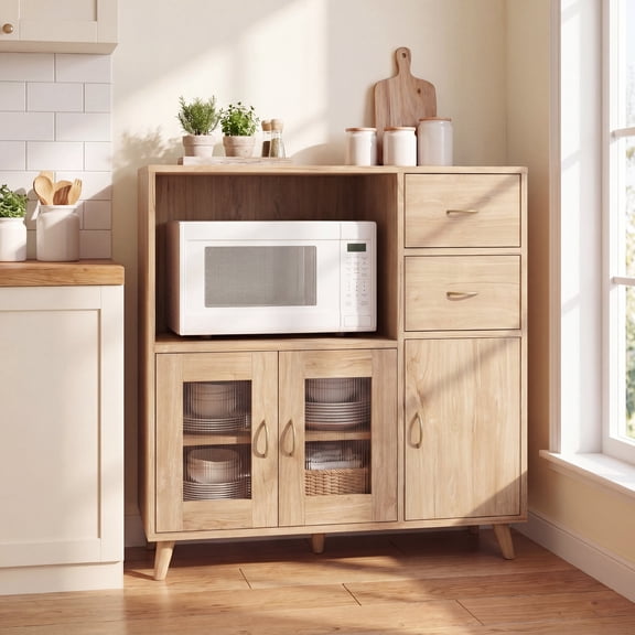 ELLEGNT 3‑Door Kitchen Sideboard Cabinet – 36" Wide, with Open Compartment & 2 Drawers, Buffet Storage, Natural