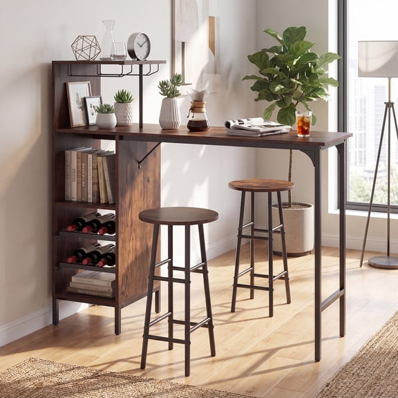 ELLEGNT 3 PCS Industrial Bar Table and Chairs Set Pub Table & Stools, Includes Bottle Wine Rack, Brown