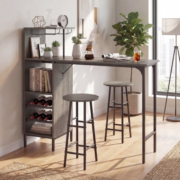 ELLEGNT 3 PCS Industrial Bar Table and Chairs Set Pub Table & Stools, Includes Bottle Wine Rack, Oak