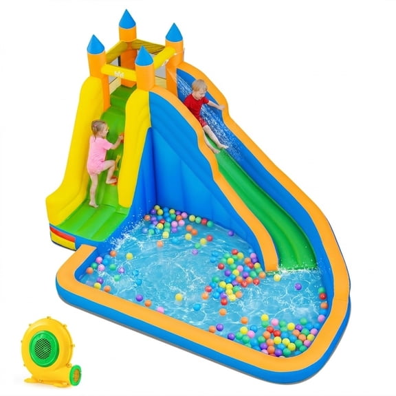 ELLEGNT 3-in-1 Inflatable Water Park, Bounce House, Water Park with Curved Slide, Climbing Wall & Large Splash Pool for Backyard Kids Parties, with 550W Blower