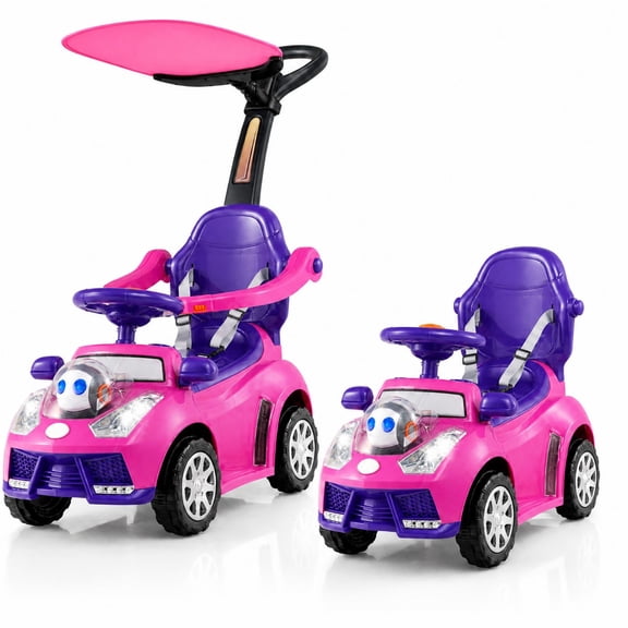 ELLEGNT 3 in 1 Toddler Push Car Ride On Toy with Canopy Parent Handle Horn, Pink