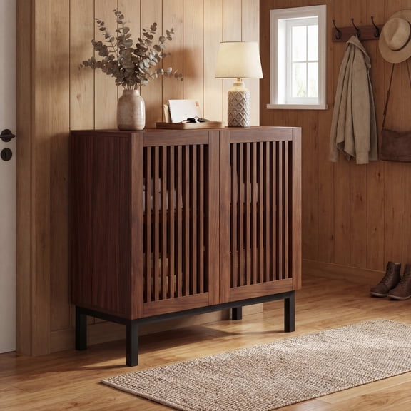 ELLEGNT 32" Wooden Buffet Cabinet with 2 Doors - Walnut + Black Sideboard with Storage for Coffee Bar