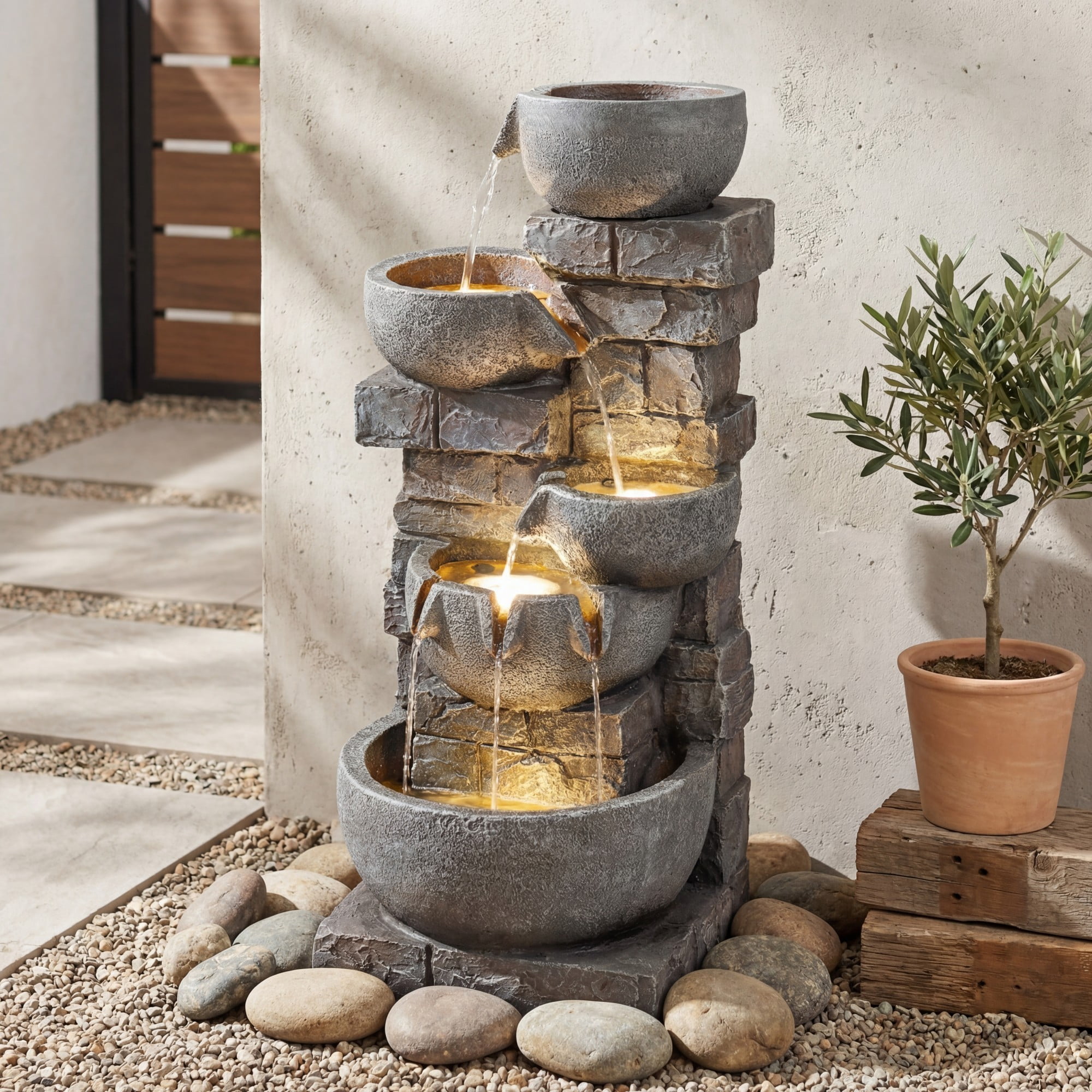 ELLEGNT 33" 5-Tier Cascading Water Fountain with Color-Changing LED Lights – Outdoor Fountain for Patio, Backyard, Porch, Deck, or Garden